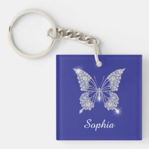 Llavero Mariposa de Diamante Blanco, Nombre de Letra, Azul