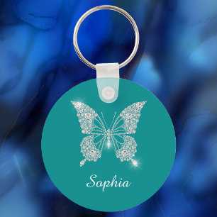 Llavero Mariposa de Diamante Blanco, Nombre de Letra, Azul