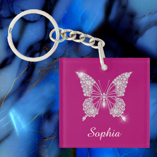 Llavero Mariposa de Diamante Blanco, Nombre de Letra, Fuch