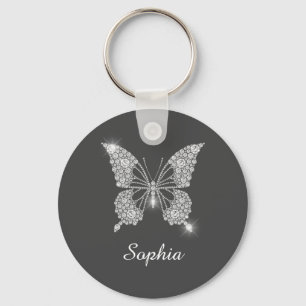 Llavero Mariposa de diamante blanco, nombre DIY, gris oscu