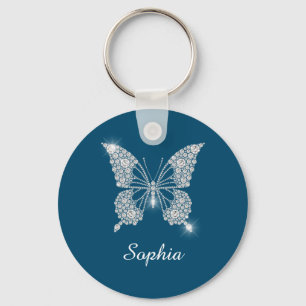 Llavero Mariposa de Diamante Blanco, Nombre Personalizado,