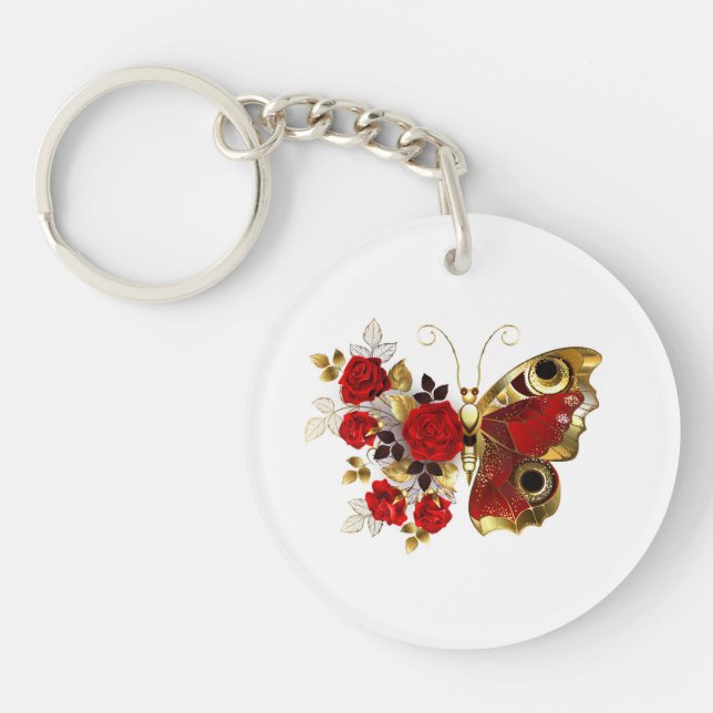Llavero Mariposa de flor roja con rosas rojas (Frente)
