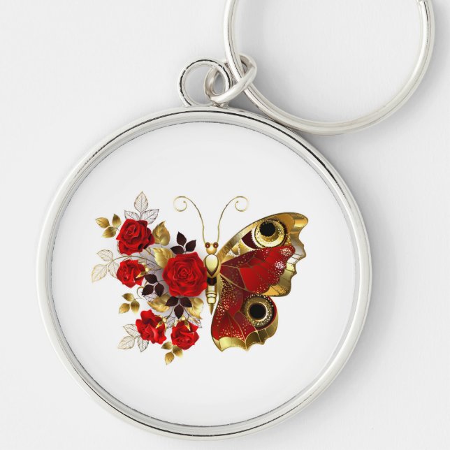 Llavero Mariposa de flor roja con rosas rojas (Frente)