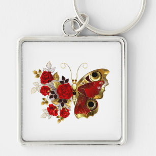 Llavero Mariposa de flor roja con rosas rojas