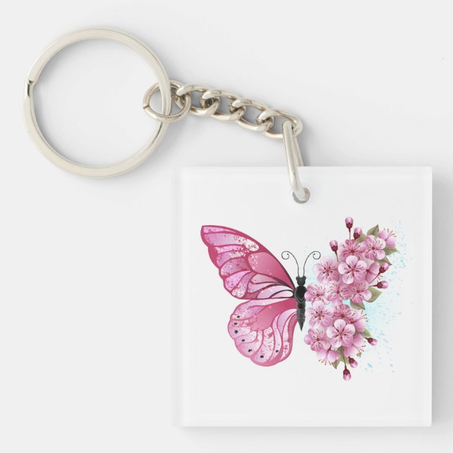 Llavero Mariposa de flores con Sakura rosa (Frente)