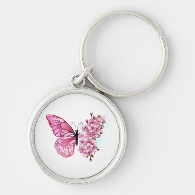 Llavero Mariposa de flores con Sakura rosa (Frente)