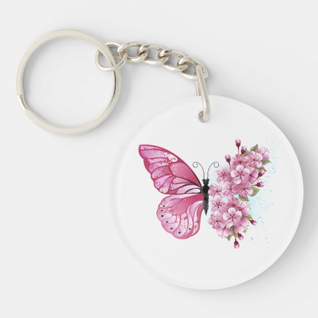 Llavero Mariposa de flores con Sakura rosa (Frente)
