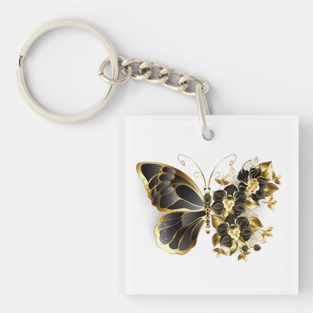 Llavero Mariposa de flores de oro con orquídea negra (Frente)