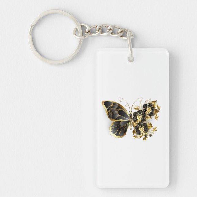 Llavero Mariposa de flores de oro con orquídea negra (Frente)