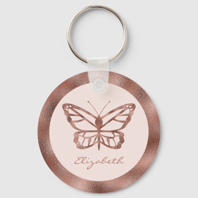 Llavero Mariposa estilo oro Rosa en Rubor Rosa y Nombre (Anverso)