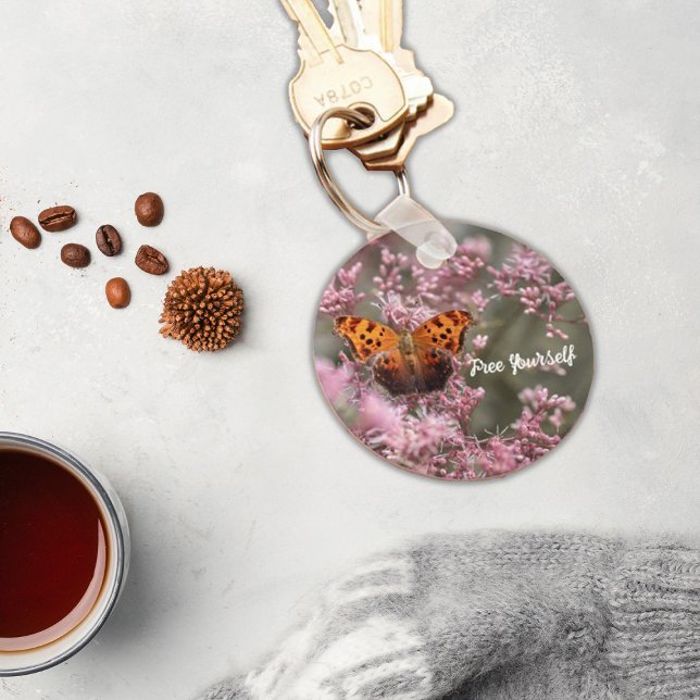 Llavero Mariposa marrón en la cadena de flor rosa (Subido por el creador)