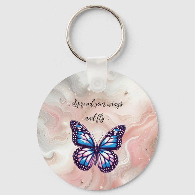 Llavero Mariposa Monarca Azul y Rosa con Frase (Anverso)