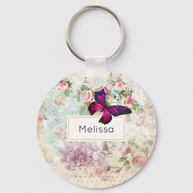 Llavero Mariposa rosa y Rosas de Shabby Vintage (Anverso)
