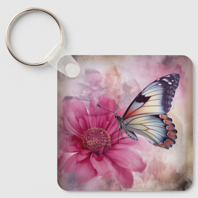 Llavero Mariposa soñada en lienzo floral (Anverso)