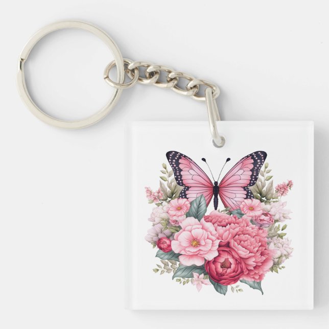 Llavero Mariposa y flores de color rosa retro (Frente)