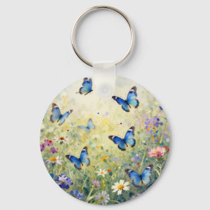 Llavero Mariposas Azules Acuarela Pradera de Flores Silves
