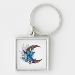 Llavero Mariposas azules en creciente de madera