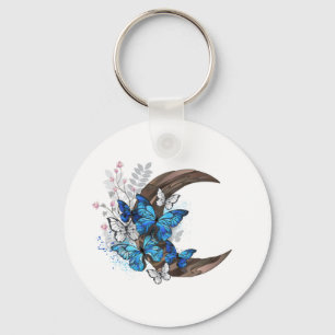 Llavero Mariposas azules en creciente de madera