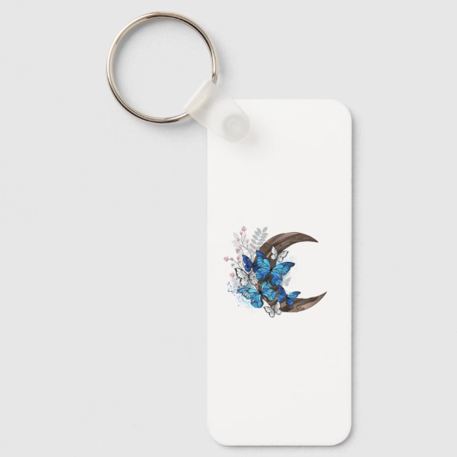 Llavero Mariposas azules sobre la media luna de madera (Anverso)