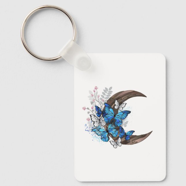 Llavero Mariposas azules sobre la media luna de madera (Anverso)