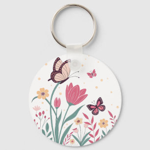 Llavero Mariposas con tulipanes rosados y margaritas amari
