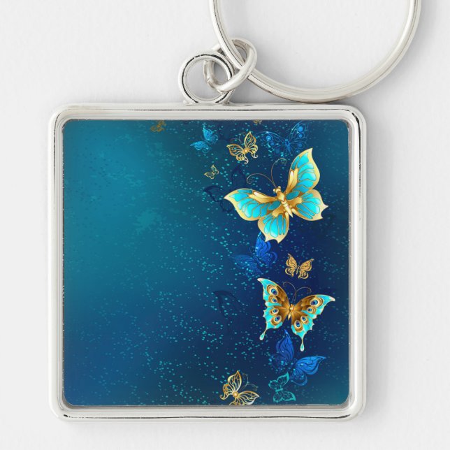 Llavero Mariposas doradas sobre fondo azul (Frente)