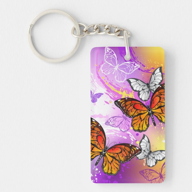 Llavero Mariposas monarcas en fondo morado (Frente)