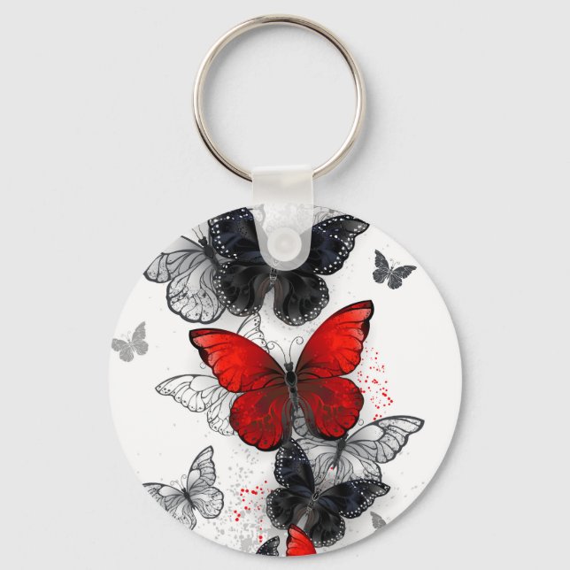 Llavero Mariposas Morpho voladoras negras y rojas (Anverso)