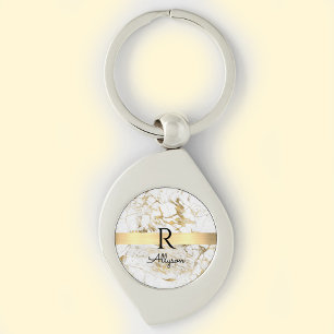 Llavero Mármol blanco y dorado, barra de oro, monograma de