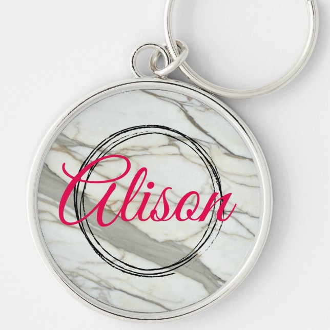 Llavero Mármol blanco y nombre de fucsia rosa (Frente)