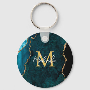 Llavero Mármol de Ágata Azul Teal y Dorado