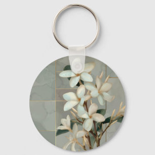 Llavero Mármol de Línea Dorada Flor de Magnolia Blanca