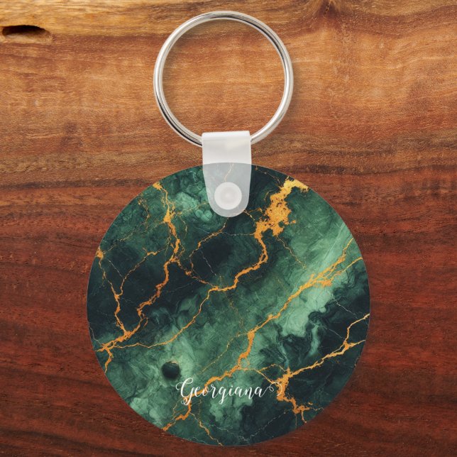 Llavero Mármol de oro y verde del bosque otoñal personaliz (Anverso)