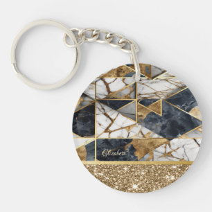 Llavero Mármol geométrico negro con brillo dorado elegante