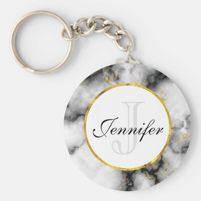 Llavero Mármol gris blanco moderno con monograma de cinta  (Frente)