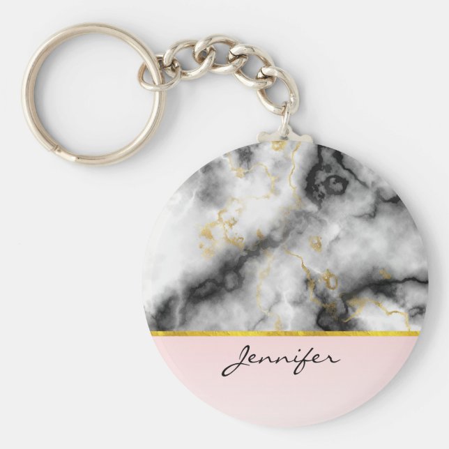 Llavero Mármol gris humeante moderno con cinta de oro (Frente)