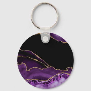 Llavero Mármol Negro Violeta Ágata Glamour Oscuro Dorado
