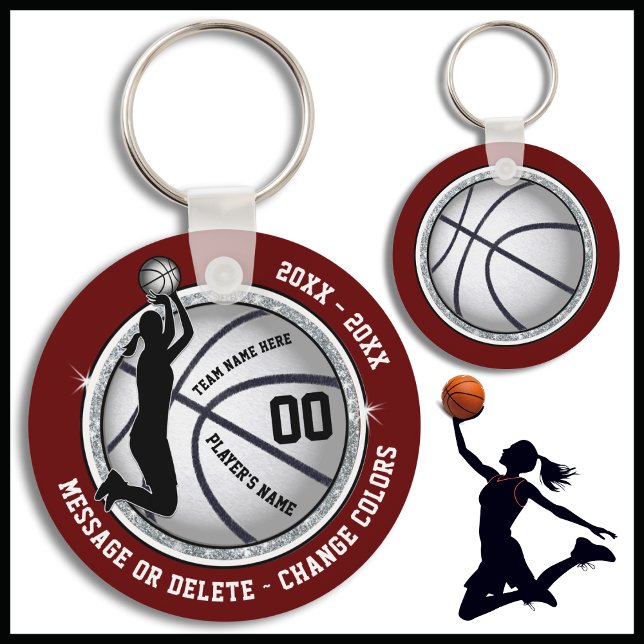 Llavero Maroon, Partidarios Temáticos Del Baloncesto (Maroon, Silver and Black, Personalized Basketball Team Gifts. Cheap Basketball Bag Tags for Girls. )