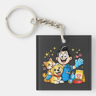 Llavero Mascota Feliz de Cuidado de Mascotas Arte de Dibuj