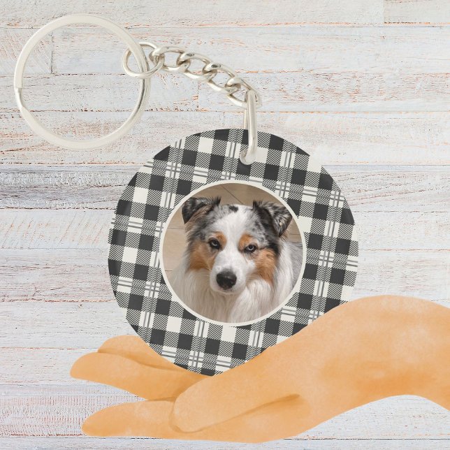 Llavero Mascota sensorial Foto Arte De Enjuiciamiento Gris (Buffalo Plaid Dark Gray and Buttercream Photo Keychain)
