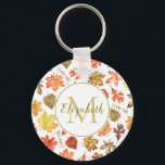 Llavero "Me encanta la caída" coloridas hojas de otoño per<br><div class="desc">Esta tierna cadena de claves "I Love Fall" incluye acuarela Castaño, arce, roble, madera de algodón y hojas de sueco en colores otoño en un lindo patrón otoñal que incluye el texto "I Love Fall" - su nombre y monograma son personalizable - de katz_d_zynes | Parte de la colección Happy...</div>