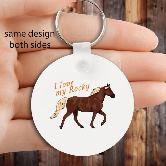 Llavero Me encanta mi ecuestre de caballos de Montaña Roco (Round keychain with “I love my Rocky” text and illustrated Rocky Mountain Horse, equestrian design.)