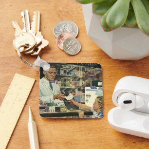 Llavero Medicina antigua, farmacéutico y niña en la farmac