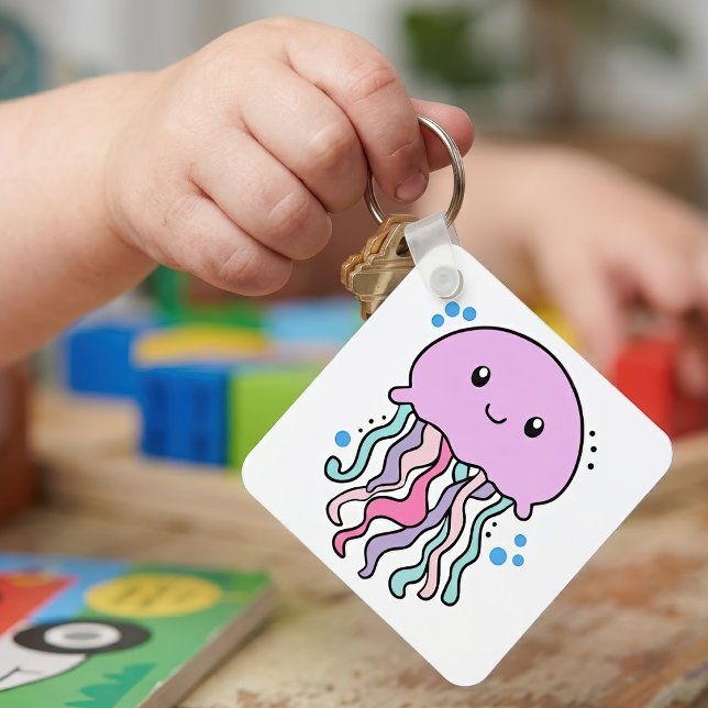 Llavero Medusa bebé Kawaii sonriente con burbujas (Cute smiling Kawaii Baby Jellyfish with Bubbles. Keychain)