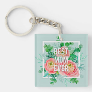 Llavero Mejor Mamá Siempre Acuarela Peonía Floral Verde y 