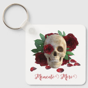 Llavero Memento Mori. Cráneo con rosas rojas