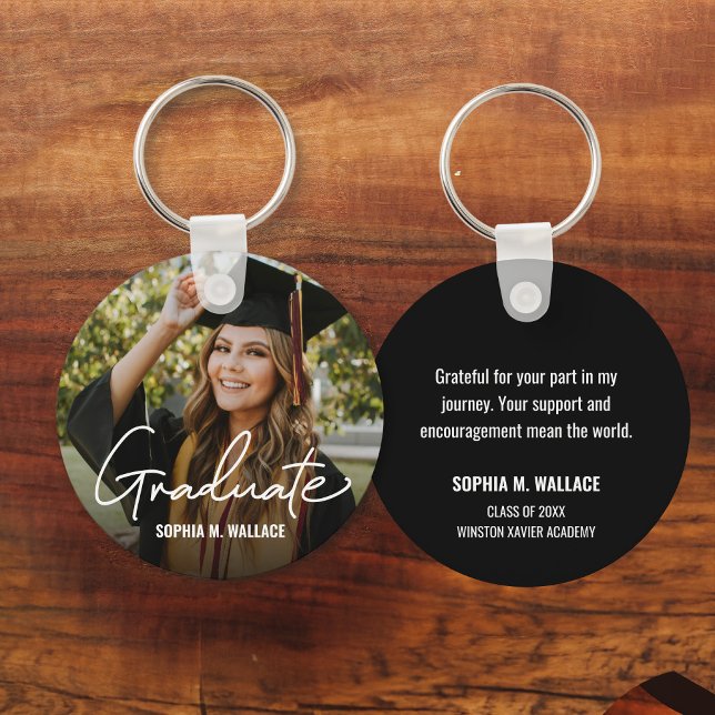 Llavero Mensaje de foto de Personalizado de guiones modern (Custom Graduation favor keychains with photo, name, message, school and class year.)