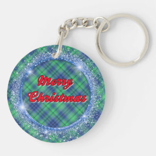 Llavero Merry Christmas Blue Plaid Faux Purpurina Frame