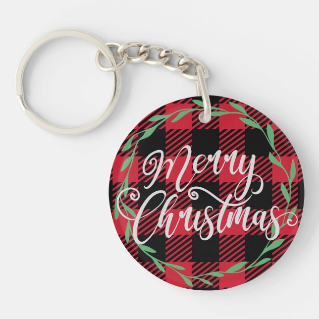 Llavero Merry Christmas Plaid Wreath Design (Frente)