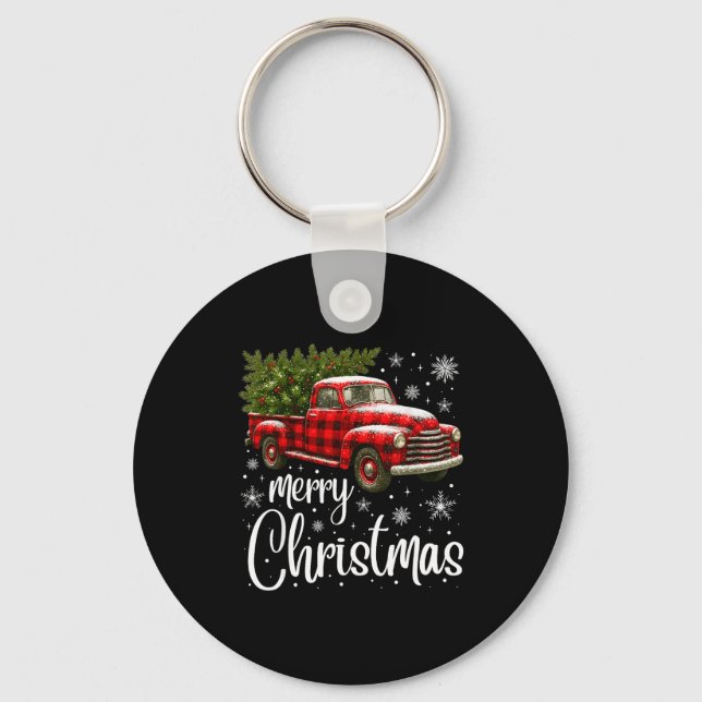 Llavero Merry Christmas Truck Buffalo Plaid Xmas Tree Men  (Anverso)